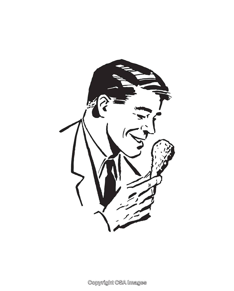 Retro Black and White Illustration of a Man Eating Fried Chicken