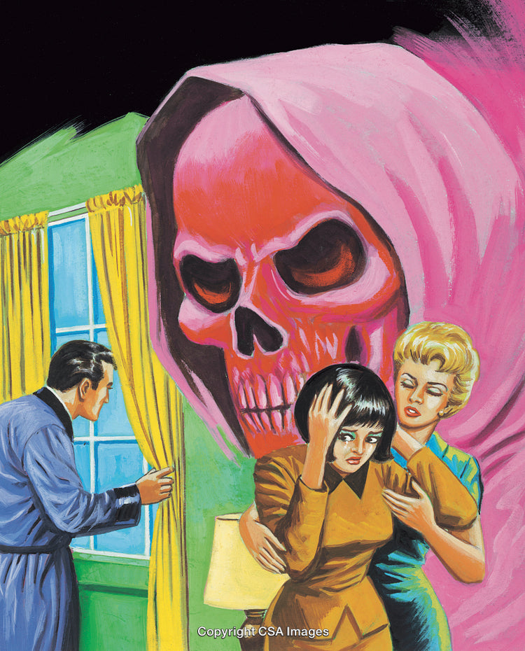 Surreal Illustrated Scene Depicting Mysterious Tension and Dark Overshadowing Presence
