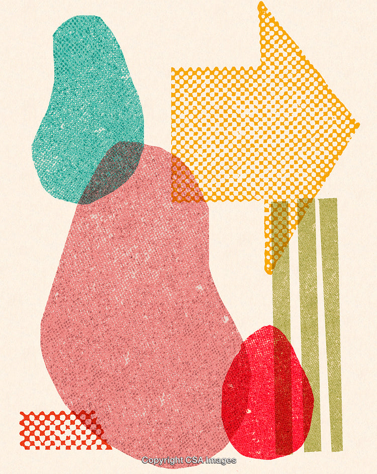 Abstract Geometric Collage with Shapes and Textured Patterns in Vibrant Colors
