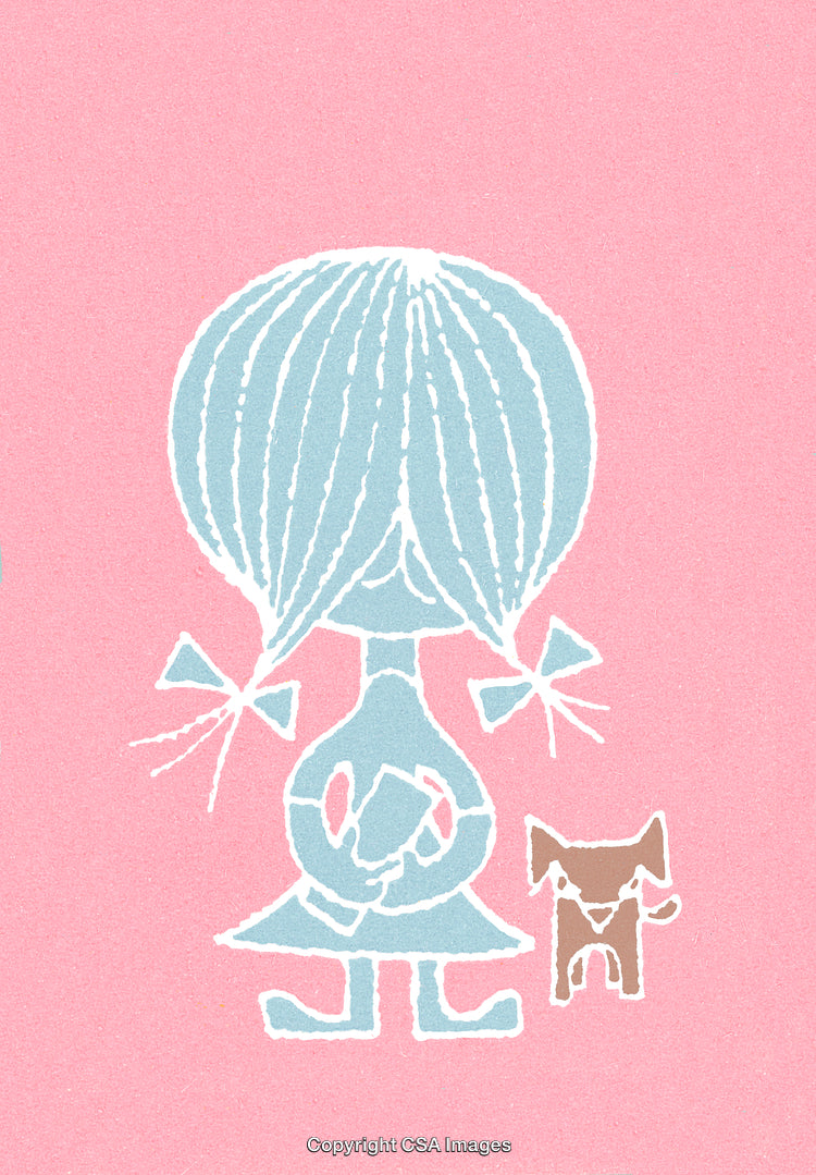 Charming Illustration of a Girl with a Pet Dog on Soft Pink Background