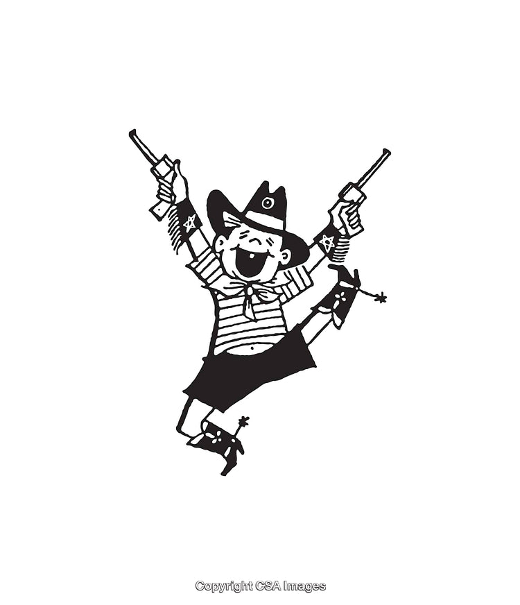 Playful Cowboy Line Art Illustration Holding Two Pistols