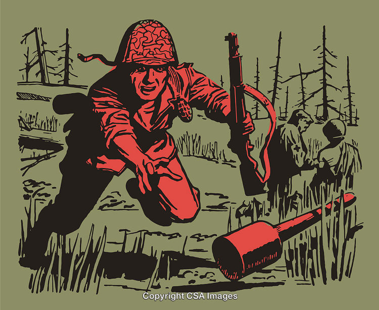 Dramatic Battlefield Scene in Stylized Color Line Art Illustration