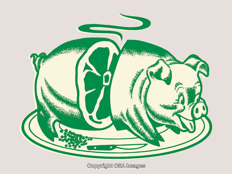 Retro Illustration of a Steaming Pork Dish Served on a Decorative Plate