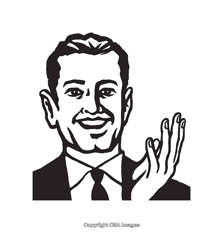 Black And White Line Art of a Smiling Businessperson Gesturing
