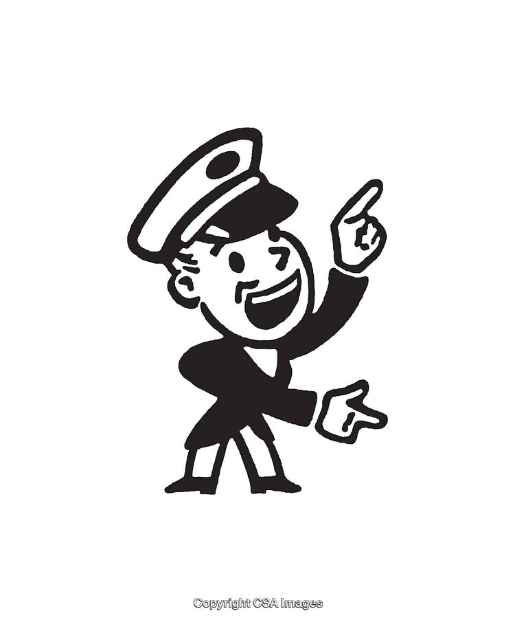 Cheerful Cartoon Character Wearing Hat Pointing in Black and White Line Art