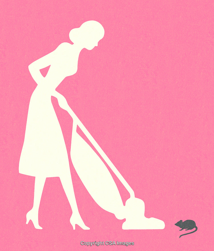 Stylized Art of a Woman Vacuuming with a Mouse Nearby on Pink Background