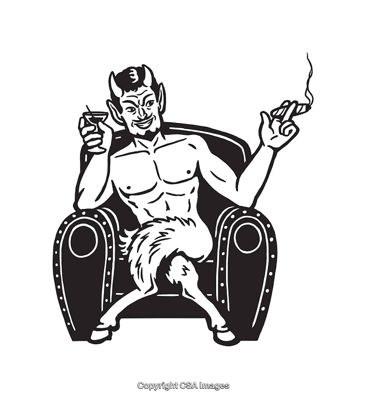Black and White Line Art Illustration of Satyr Relaxing in Armchair