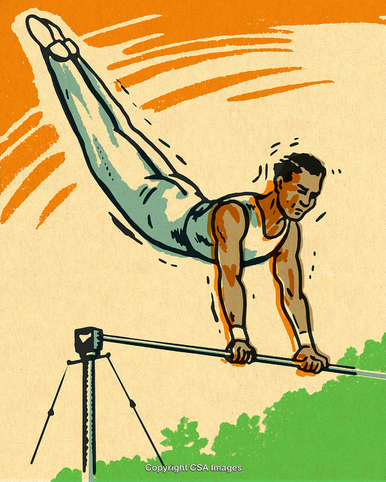 Gymnast Performing on the Horizontal Bar in Vintage-Style Artwork