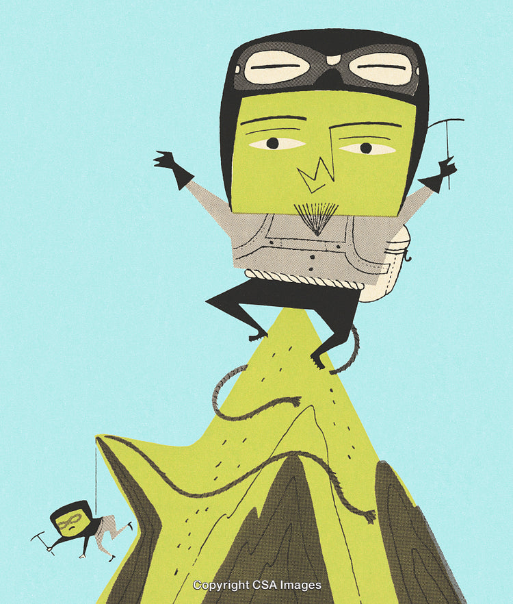 Cartoon Climbers on Mountain Peaks Showcasing Teamwork and Adventure