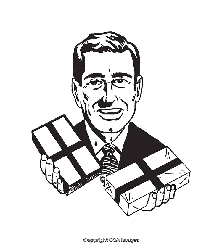 Retro Style Black And White Illustration of a Man With Gifts