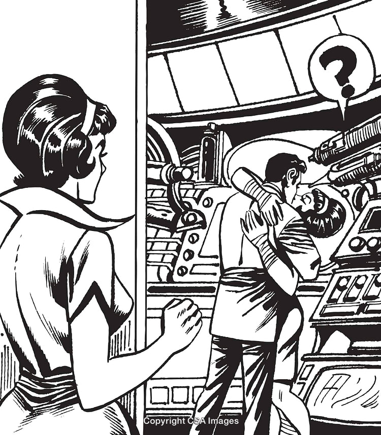 Vintage Comic Illustration of a Dramatic Love Triangle in a Sci-Fi Setting