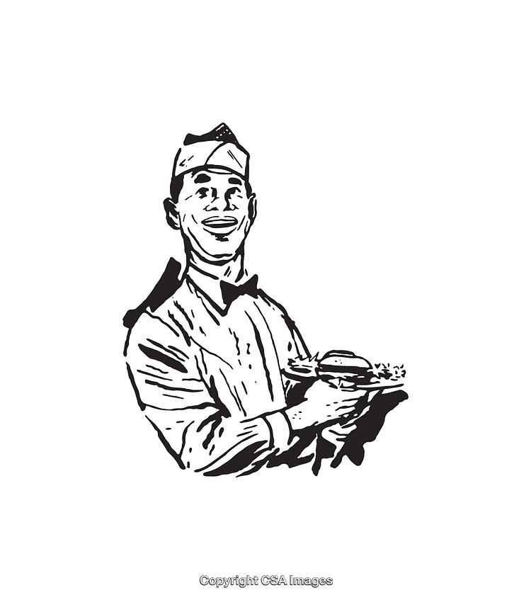 Illustration of Retro Chef Holding a Plate with Burger and Fries