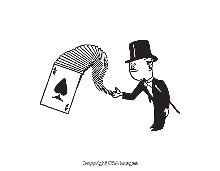 Vintage Line Art of Magician Performing Card Trick in Black and White