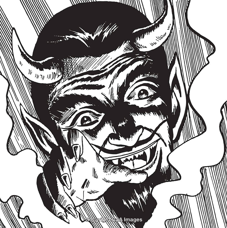 Black-and-White Illustration of a Devilish Grinning Demon with Horns