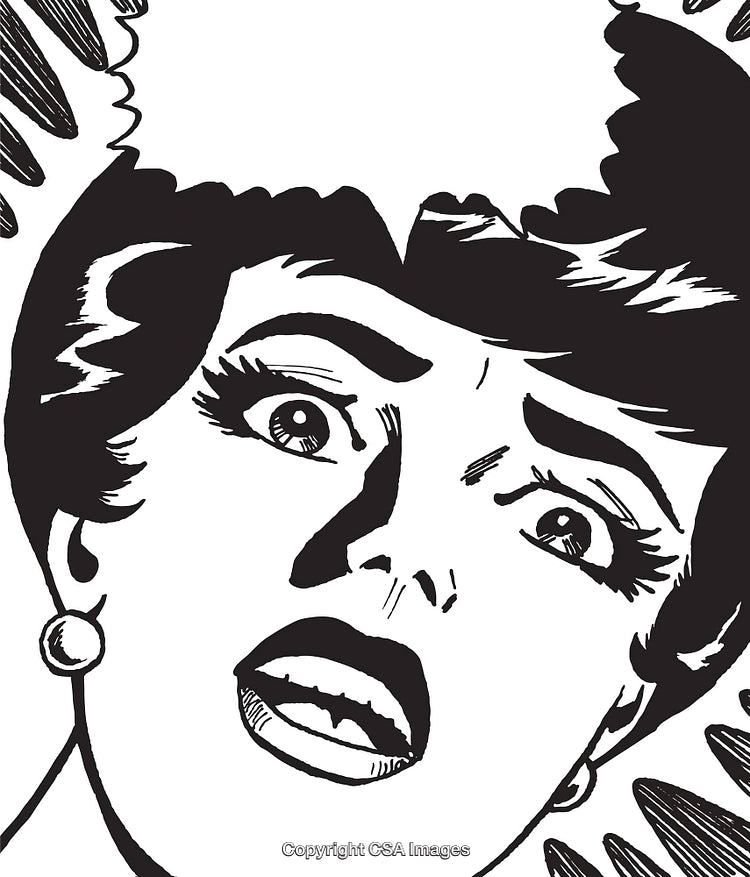 Retro Comic Illustration of Distressed Woman in Black and White Style