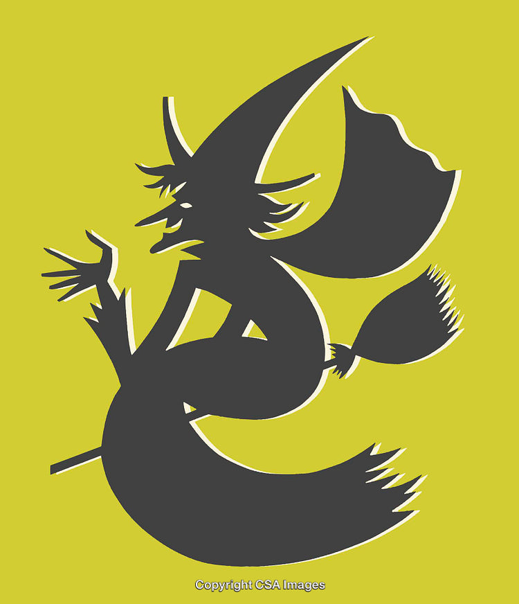 Silhouetted Witch on Broomstick With Yellow Background in Bold Illustration