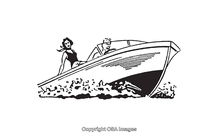 Black and White Line Art Illustration of People on a Speedboat