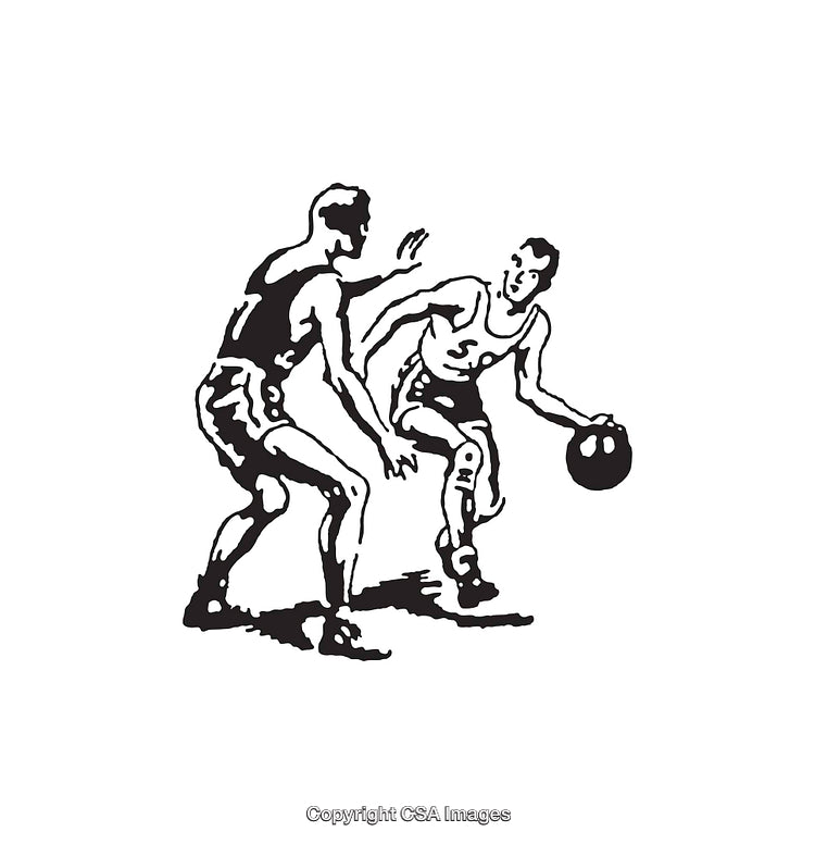 Vintage Black and White Basketball Illustration Showing Two Players in Action