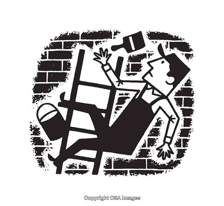 Illustration of a Worker Falling Off a Ladder in Vintage Line Art Style