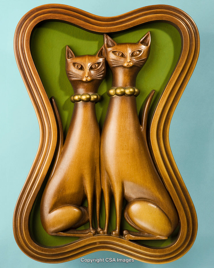 Decorative Wooden Cat Sculptures in an Artistic Frame with Whimsical Design