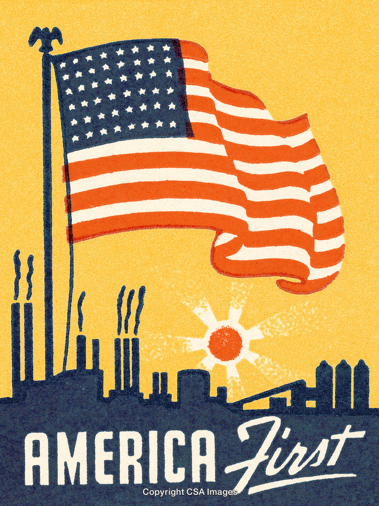 Patriotic Illustration with American Flag and Industrial Scene