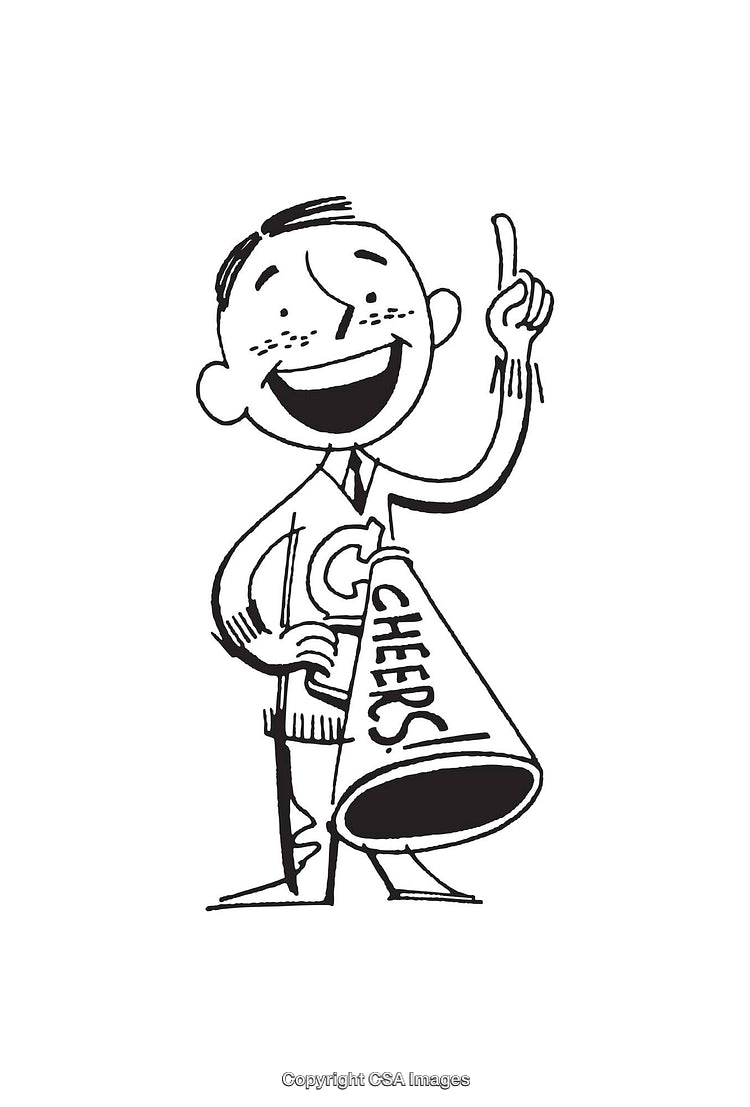 Black and White Illustration of Cheerful Individual With Megaphone