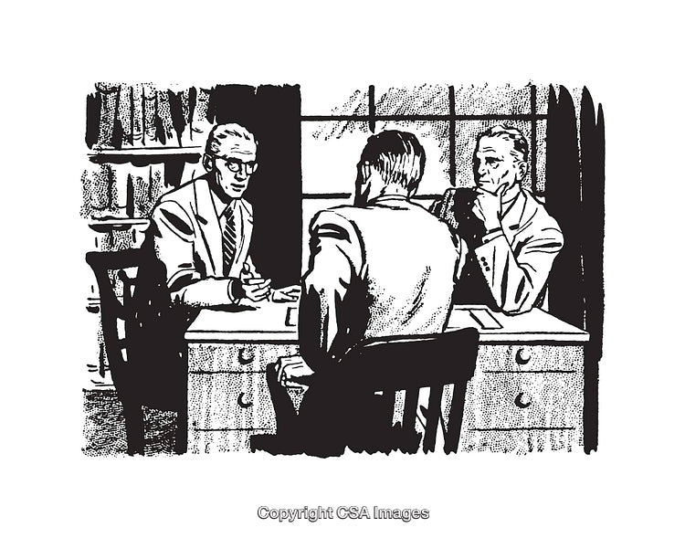 Black and White Line Art of a Business Discussion in an Office