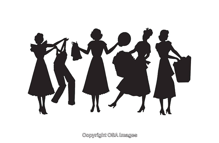 Vintage Silhouettes of Women Engaged in Domestic and Social Activities