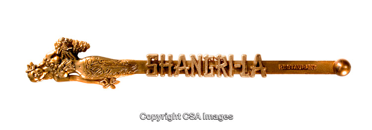 Artistic Brass Stirrer Featuring Shanri-la Branding and Intricate Figure Design