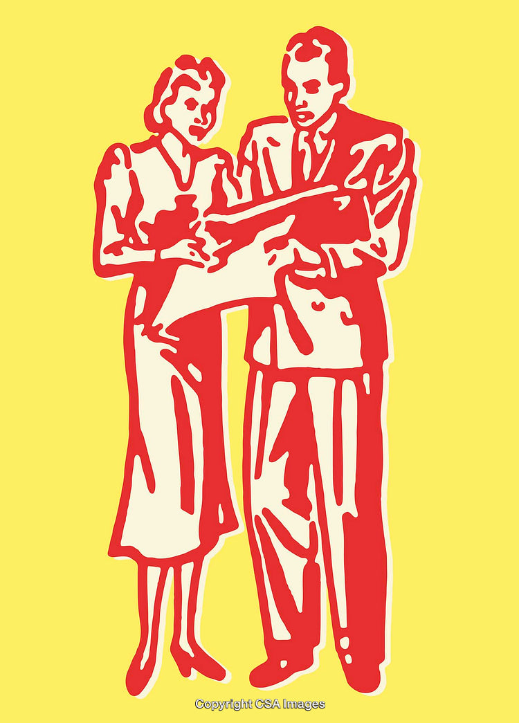 Vintage Illustration of Two People Discussing a Document on Yellow Background
