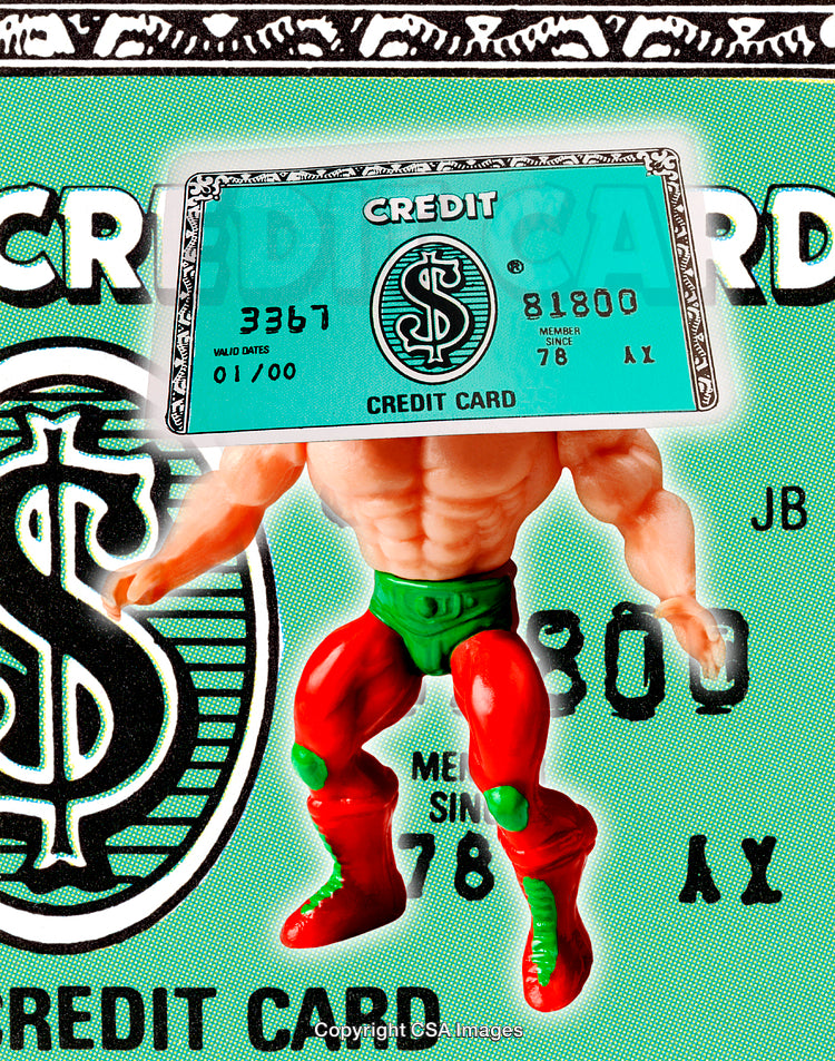 Humorous Toy Display Featuring Credit Card Graphic and Figurine on Colorful Background