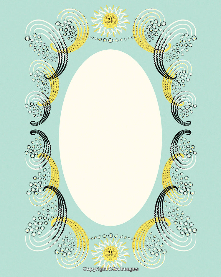 Elegant Oval Frame With Ornamental Sun and Wave Patterns