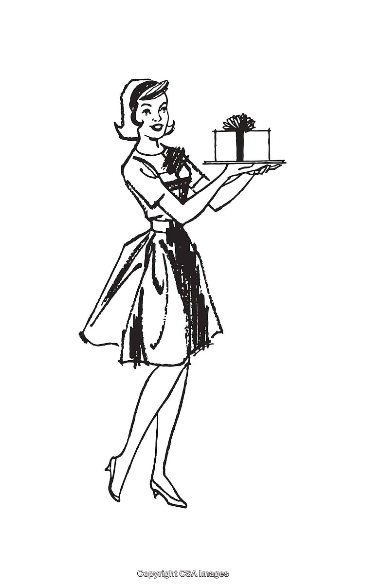 Retro Style Woman Serving Gift Box in Black and White Line Art Illustration