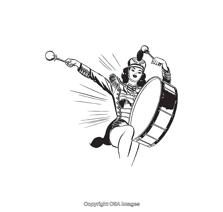 Vintage Style Illustration of Majorette Playing Large Marching Drum