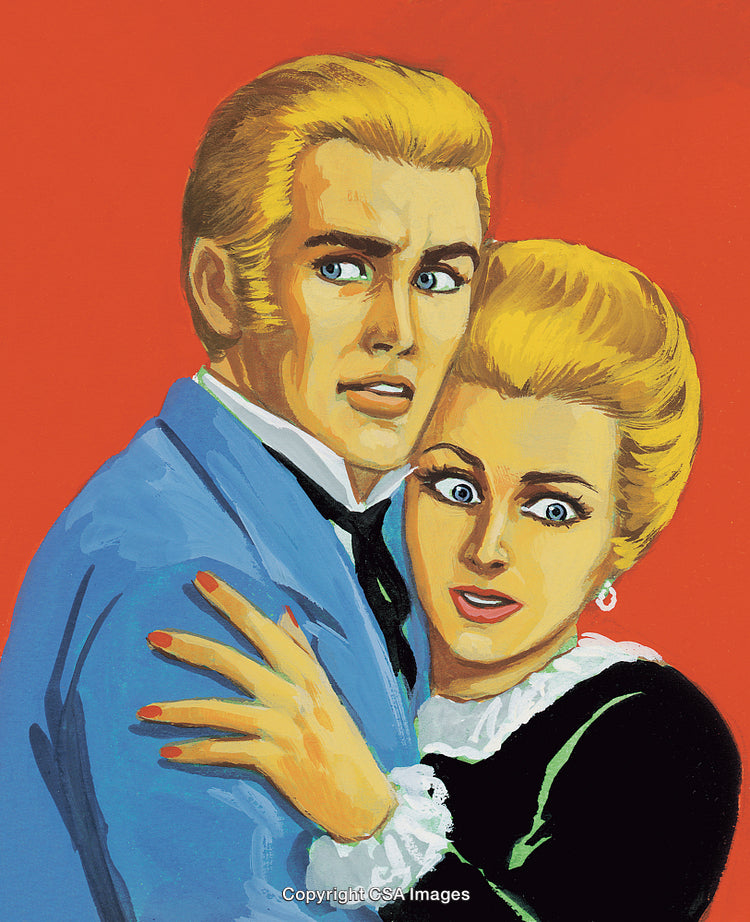 Retro Couple in a Suspenseful Moment with Emotional Expressions