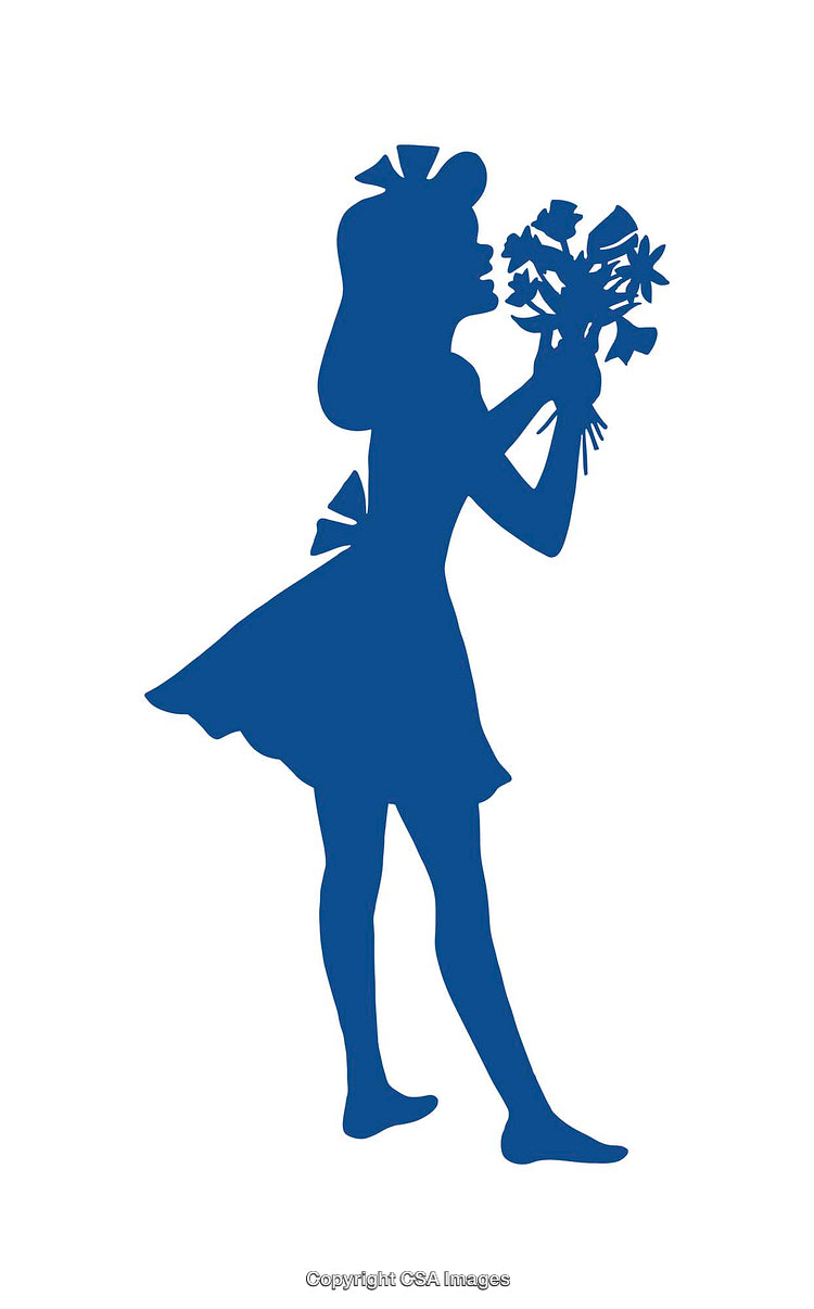 Silhouette of a Girl Holding a Bouquet of Flowers in Profile View