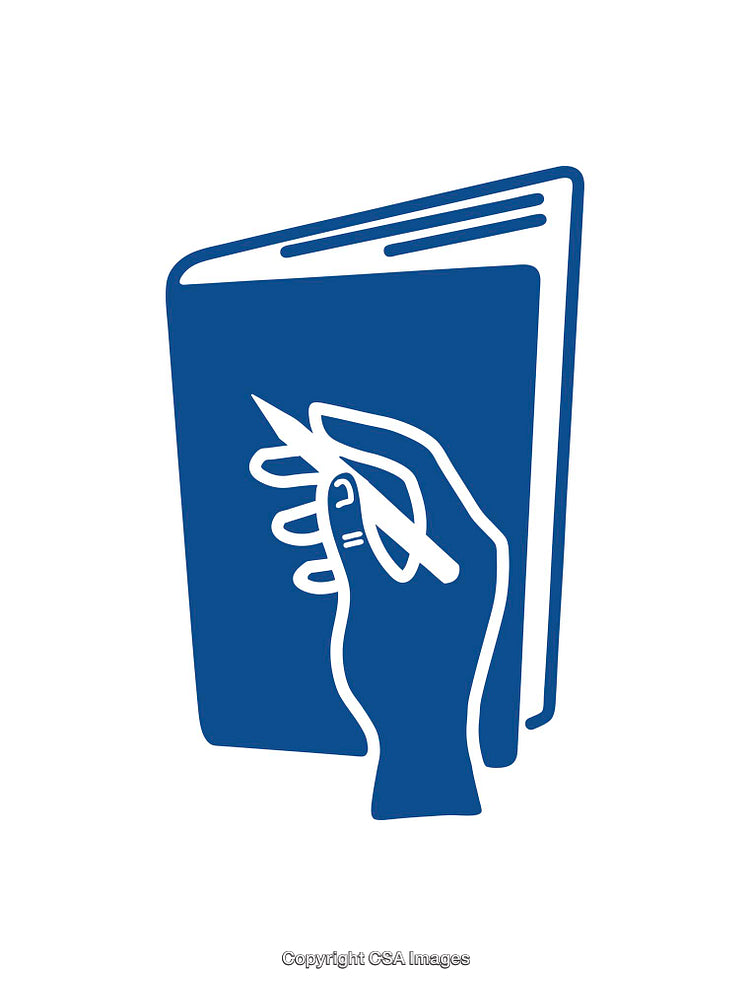 Hand Holding Pen Symbolizing Writing and Creativity in a Blue Icon Design