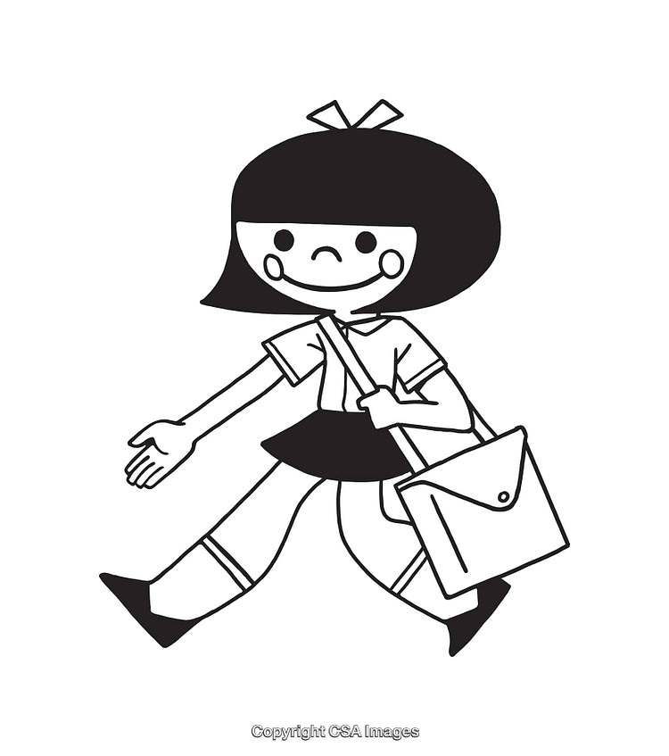Black and White Illustration of a Smiling Girl Walking with a Bag