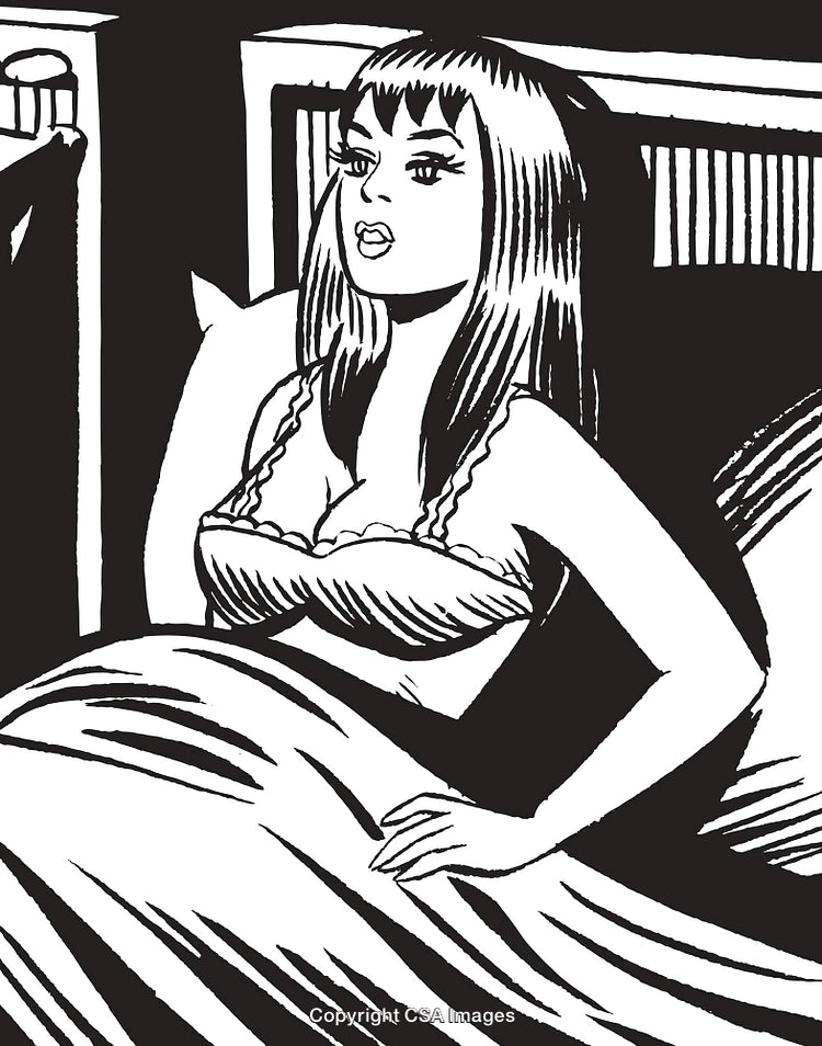 Illustration of a Thoughtful Woman Resting in Bed with a Pensive Look