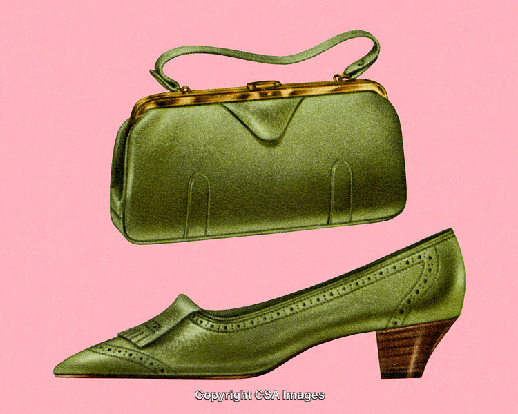 Vintage Green Handbag and Shoe Against a Pink Background in Retro Style