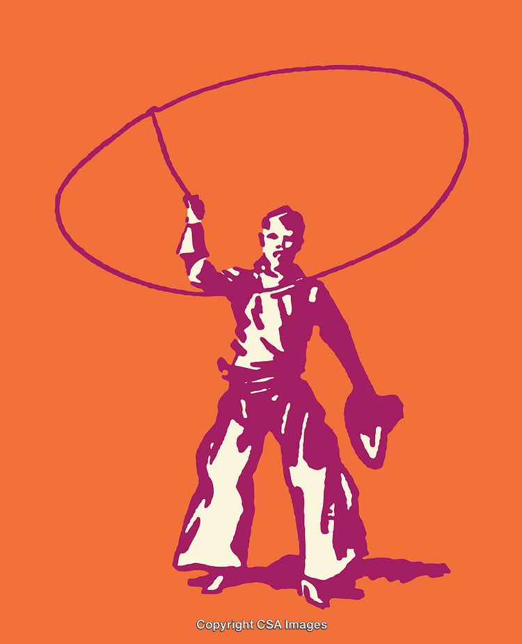 Western Style Line Art Cowboy with Lasso on Vibrant Background