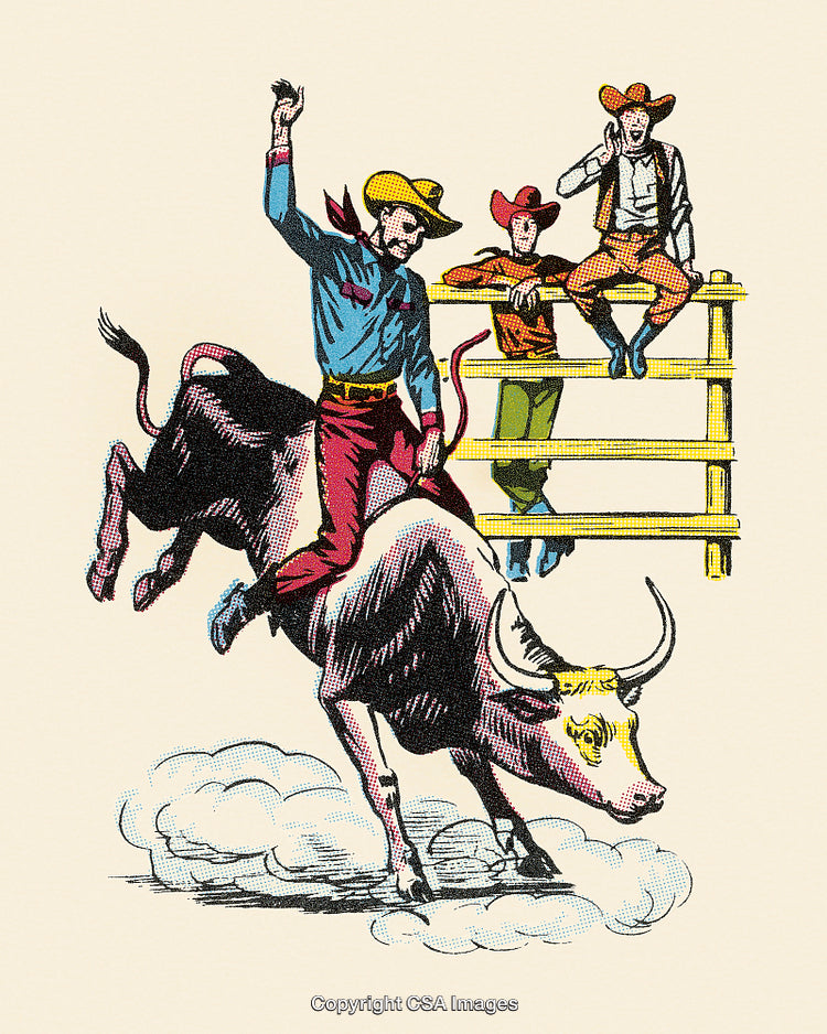 Retro-Style Bull Riding Rodeo Scene with Cowboys Observing