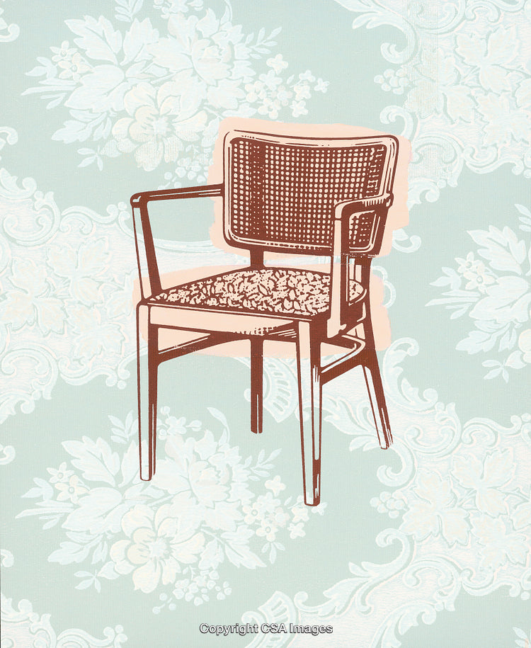 Vintage Rattan Chair Illustration with Floral Patterned Background Design