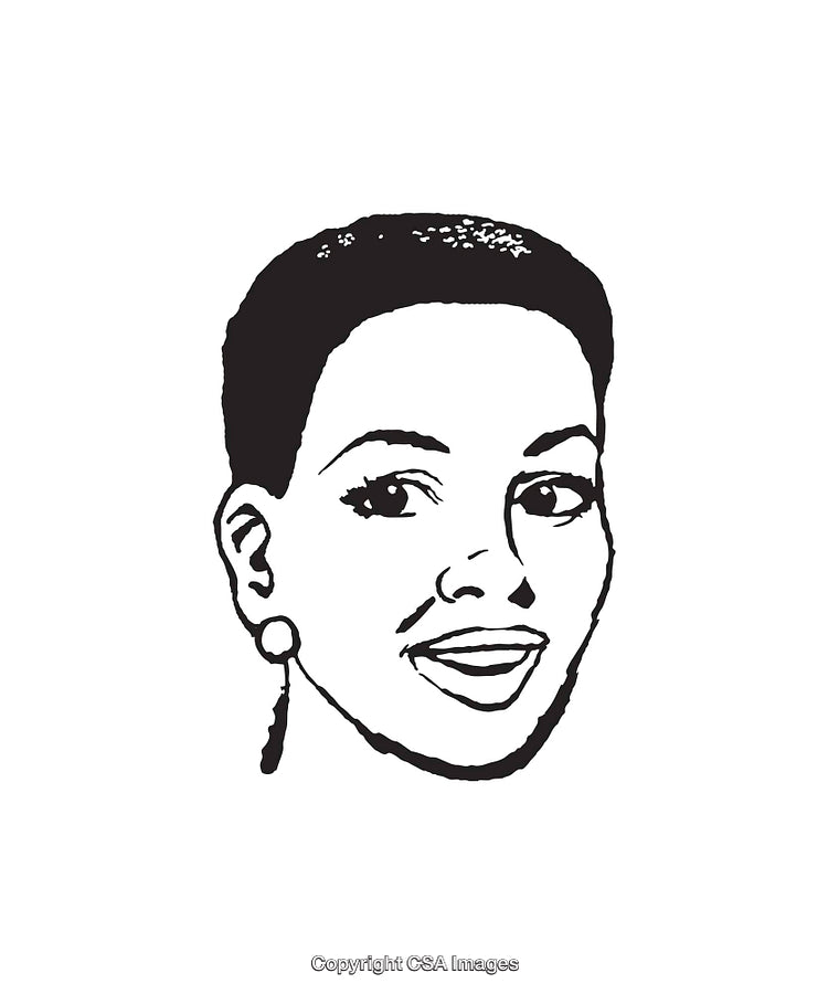 Black and White Line Art Illustration of a Smiling Face with Earrings