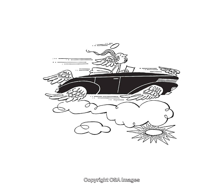 Fantasy Flying Car With Wings Line Art Drawing in Black and White