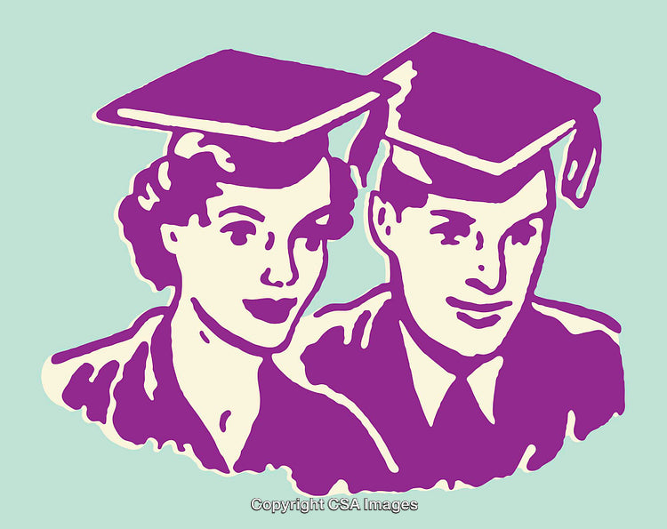 Vintage Line Art Illustration of Graduated Individuals in Caps and Gowns