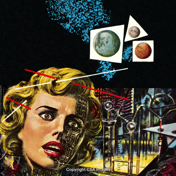 Retro Science Fiction Artwork of Mechanical and Human Fusion Exploration