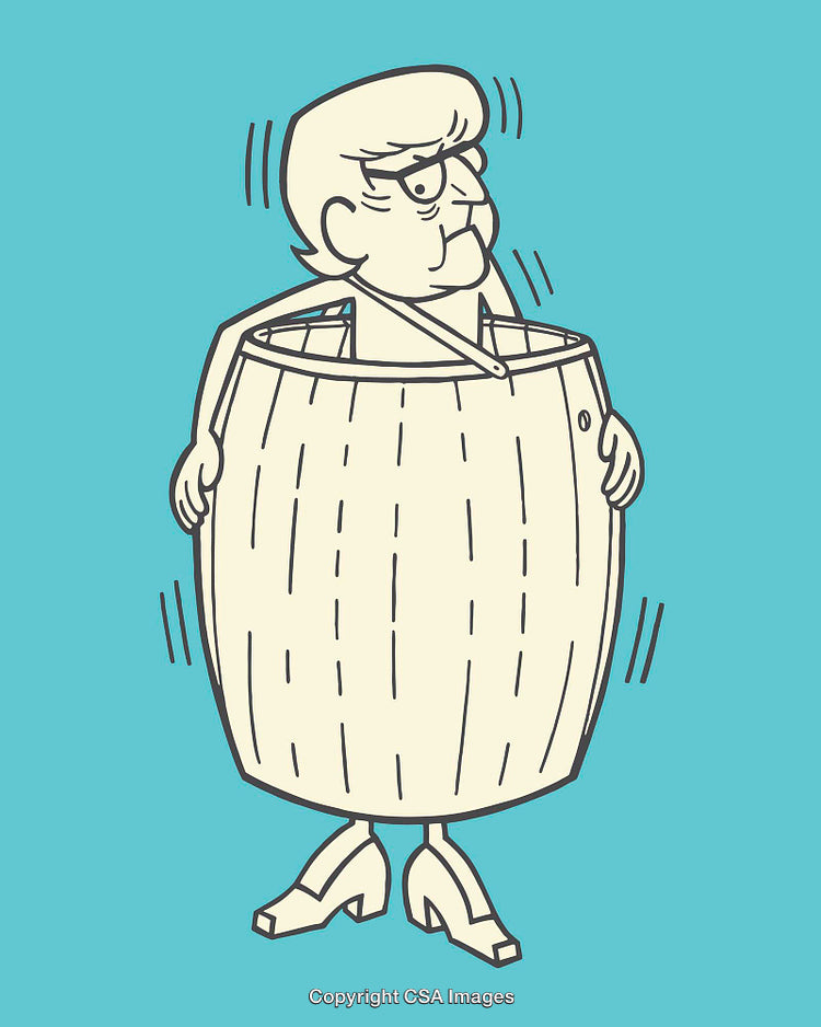 Humorous Illustration of a Person in a Barrel Depicting Financial Ruin