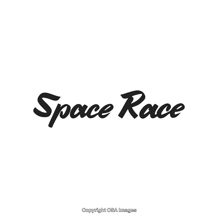 Retro Space Race Themed Typography with Black Scripted Font on White Background
