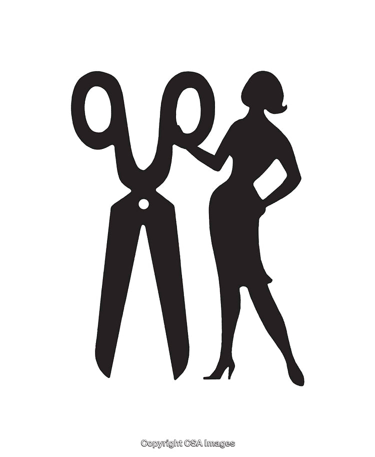 Silhouette of Woman Beside Oversized Scissors in Minimalist Black-and-White Art